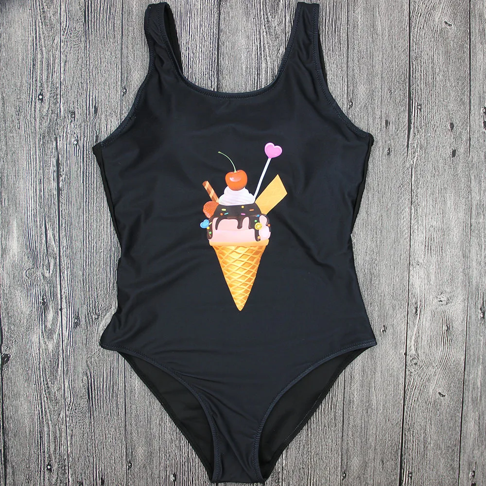 Black Pink Cute Ice Cream Print Swimsuit One Piece Bathing Suits Women