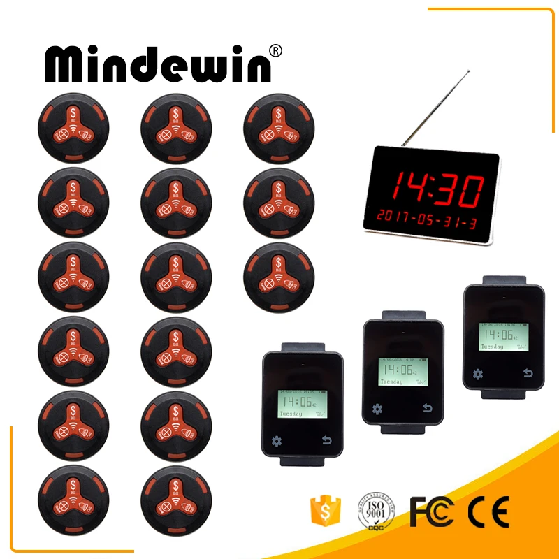 

Mindewin Wireless Calling Paging System 3 Touch Watch Receiver +1 LED Display +15 Black Call Button For Restaurant & Fast Food