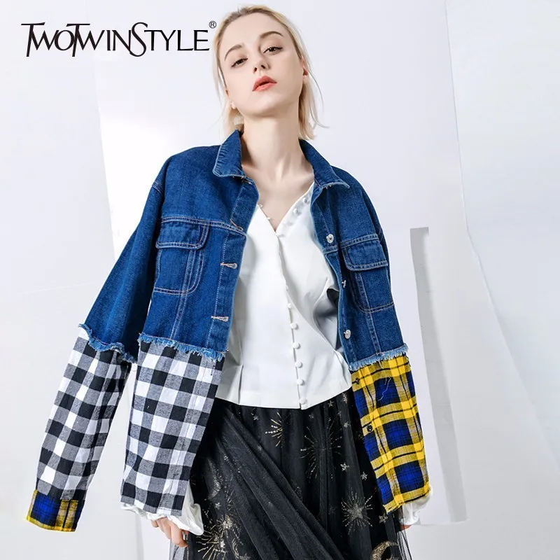 TWOTWINSTYLE лоскутное клетчатое джинсовое пальто Топы женские с длинным рукавом