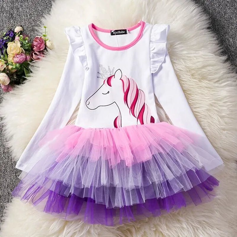 

3-8 Years Fancy Baby Girl Unicorn Vestido Long Sleeve Dress Girl Party Clothes Christmas Kids Dresses For Girls Princess Costume