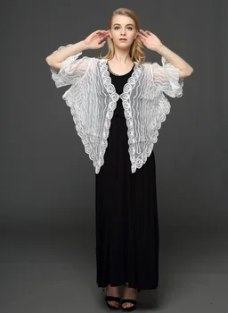 

Vintage Gatsby Women's Lace Cardigan Big Size Flare Sleeve V Neck Thin Sheer Embroidery Mesh Striped Poncho Coat Spring