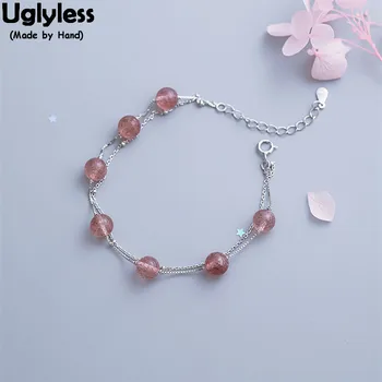 

Uglyless 100% Real 925 Sterling Silver Stars Chains Bracelets for Women 2 Layers Beading Bracelet Strawberry Quartz Fine Jewelry