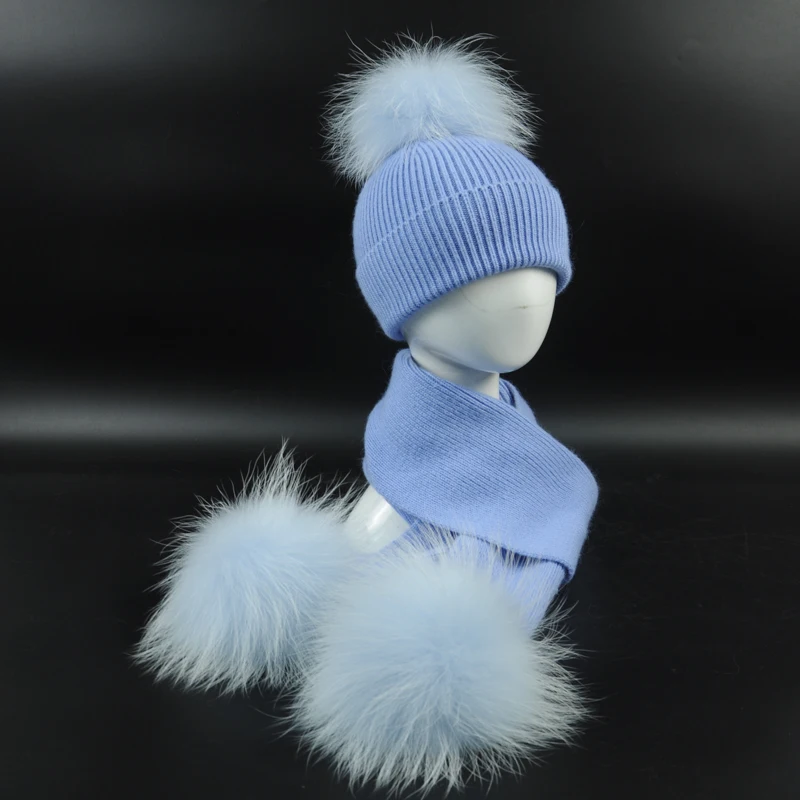 Kids Hat and Scarf Set New Fashion Children's Knit Beanie Hat Scarf Set Real Raccoon Fur Pom Pom Soft Baby and
