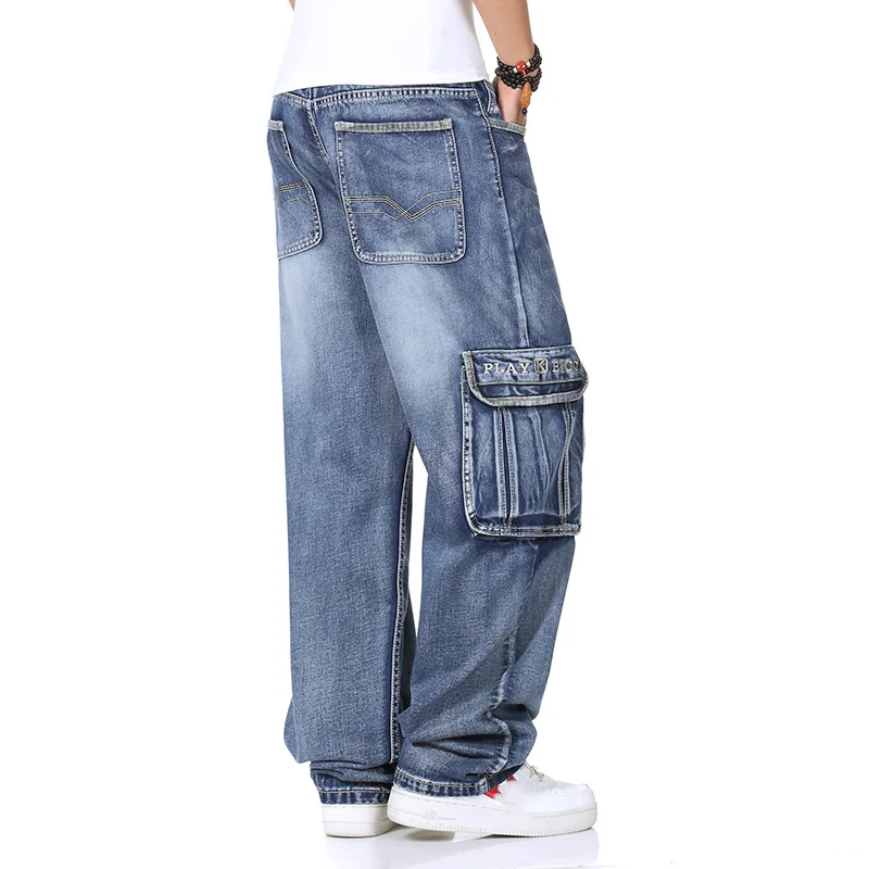 Мужские джинсы-карго с широкими штанинами, свободные джинсы для мужчин в стиле хип-хоп, мешковатые джинсы, мужские джинсовые шаровары размера плюс 42, 44, 46