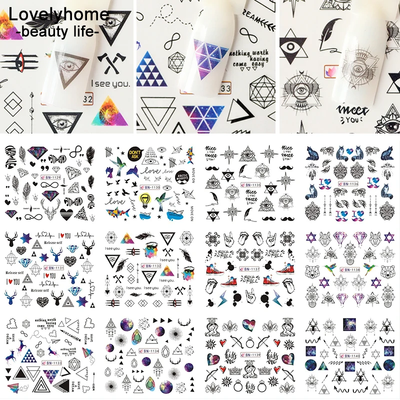 

12Designs/sheet Water Decal Transfer Nail Art Tribal Triangle Nail Stickers Slider Large Water Transfer Stickers Tattoo
