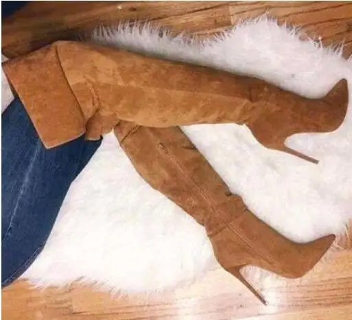 

Real Photo Newest Pointed Toe Thigh High Boots High Quality Brown Suede Over the Knee High Heel Boots Woman Winter Long Boots