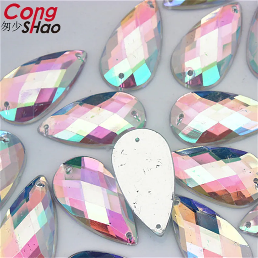 Cong Shao, 50 шт., 16*30 мм, AB цветные акриловые стразы, камни, кристаллы, плоские с оборота, для шитья, 2 отверстия, сделай сам, для свадебного платья, пуговицы CS421
