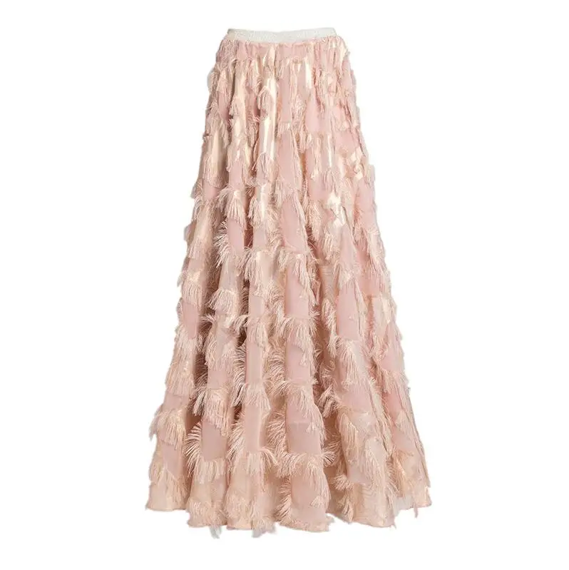TWOTWINSTYLE, Лоскутная юбка с кисточками, Женская эластичная трапециевидная юбка с высокой талией на молнии, миди юбки для женщин, мода, Одежда большого размера - Цвет: pink