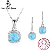 925 Sterling Silver Square Blue Opal Necklace Earrings Women Jewelry Set Bridal Cubic Zirconia Fine Jewelry