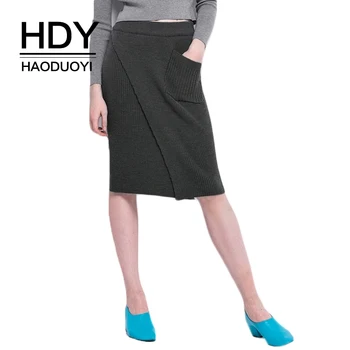 

HDY Haoduoyi Brand Women Black knitted Skirts Split Side Pockets Elastic Waist Female Elegant Buttoms Fashion Skirts Lady