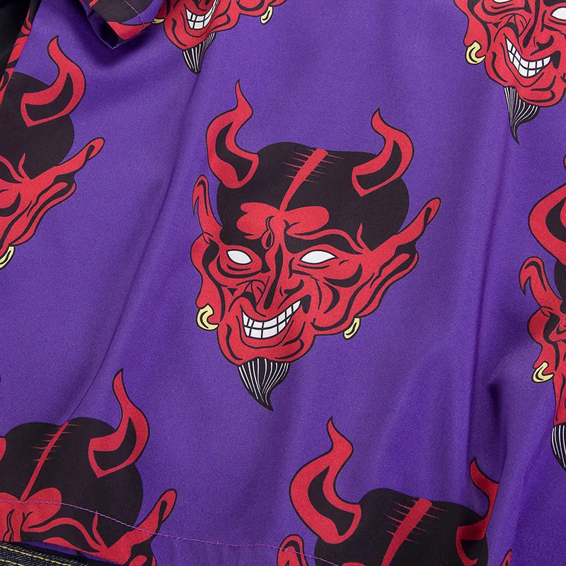 Хип-хоп Уличная Мужская рубашка с принтом дьявола, короткий рукав, летний цветочный рэпер, Харадзюку, свободные Гавайские корейские рубашки