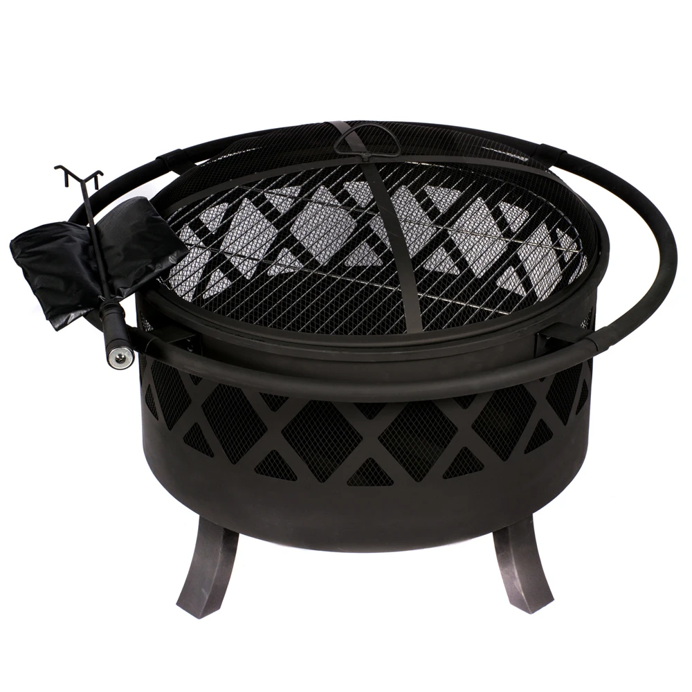 HIO 32 Inch Outdoor Fire Pit with Spark Screen Steel Grill Protective ...