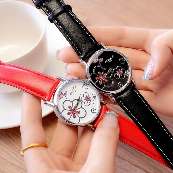 От бренда yazole женские часы модные кожаные OL Цветочные стильные женские часы кварцевые часы Montre Femme Relogio Feminino