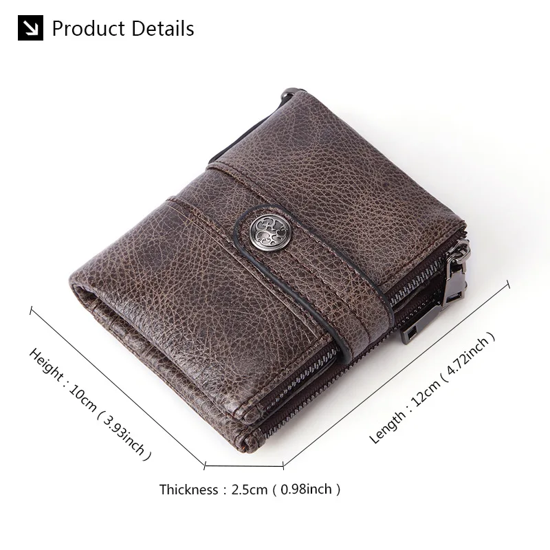 GENODERN Double Zipper Men Wallet of Hasp Design Genuine Leather Short Wallet for Men with Coin Pocket New Male Purse