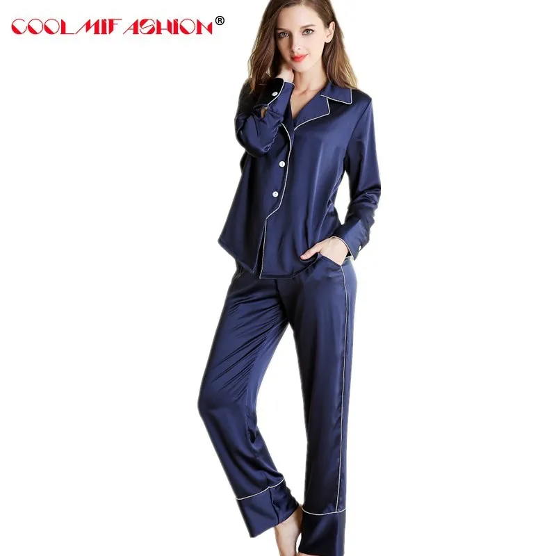 Women Pajamas Silk like Satin Pijama Suit Turn down Collar Shirt style ...