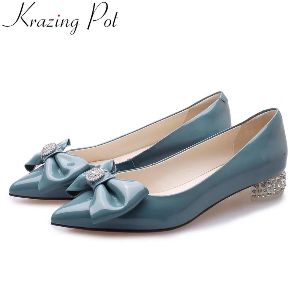 

Krazing Pot real cow leather low heels crystals butterfly-knot decoration pointed toe slip on office lady low heels pumps L39
