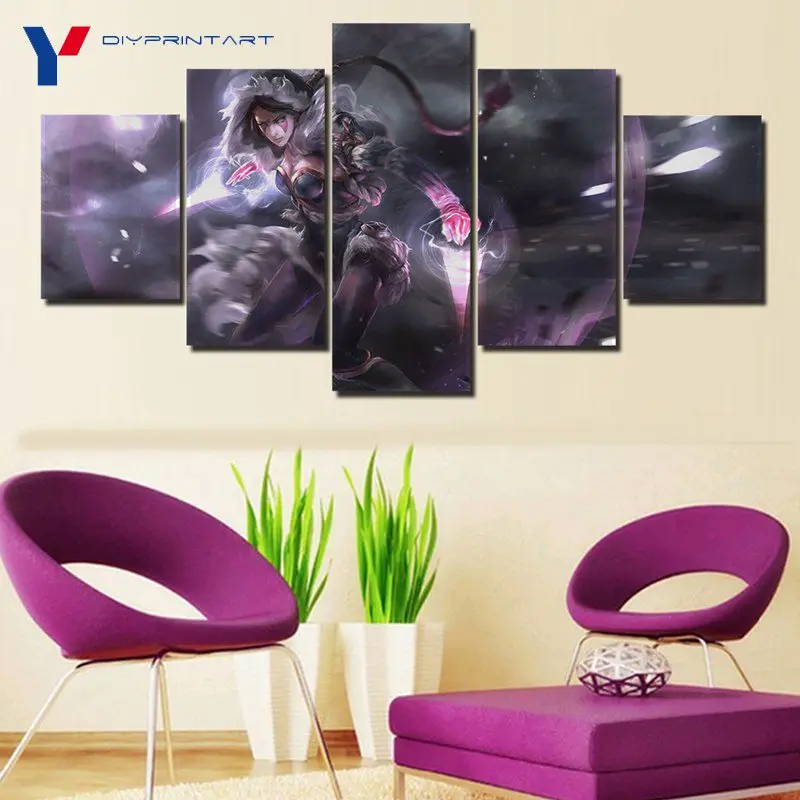  Magic Assassin Templar Lana 5 Panel Wall Art Canvas Prints DOTA 2 Game Pictures for Living Room A03
