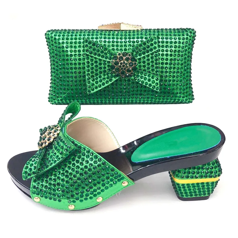 

Full stones green color 3 inches slipper shoes and clutches bag with butterfly bow nice italian shoes and bag matching SB8354-1