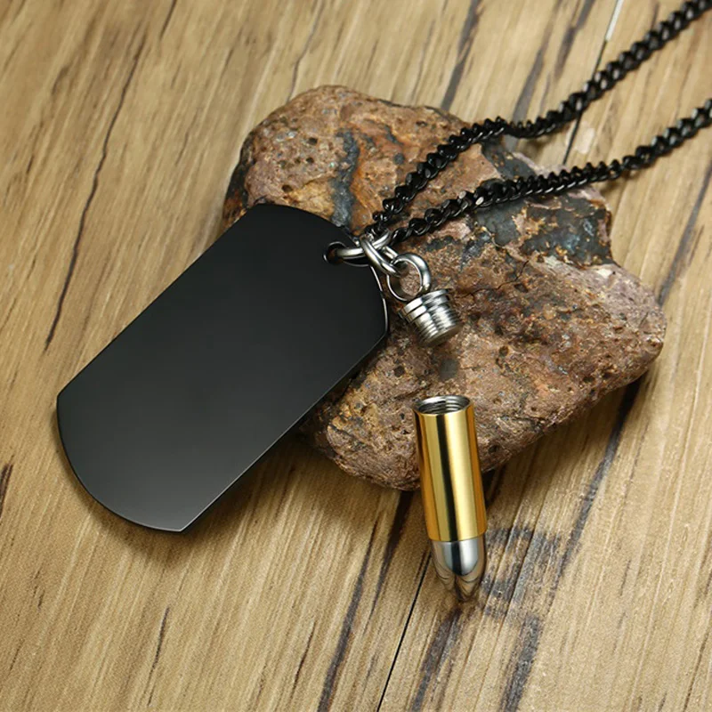 

Customized Men's Necklace Pendant Bullets Can Open Punk Rock Solider Army Card Black Gold Silver Color Stainless Steel Jewelry