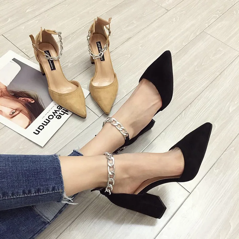 

Upscale chains belt mules pumps european designer velvet hollow out buckle high heels mature dress shoes ladies sapato feminino