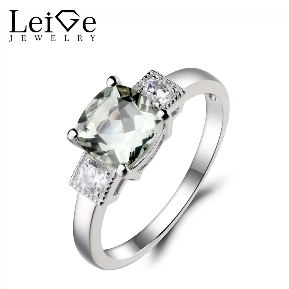 Leige Jewelry Real Green Amethyst Ring Promise Ring Cushion Cut Gemstone 925 Sterling Silver