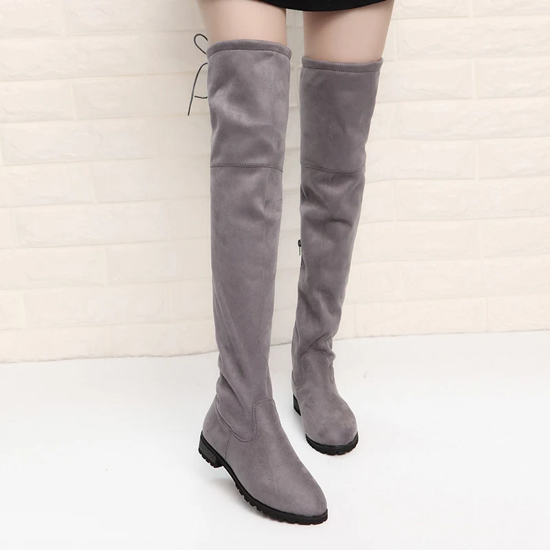 

Women Lace Up Stretch Cloth Autumn Over The Knee Plus Size Ladies Zip Flat Slim Fashion Shoes Female Comfort Casual Footwear