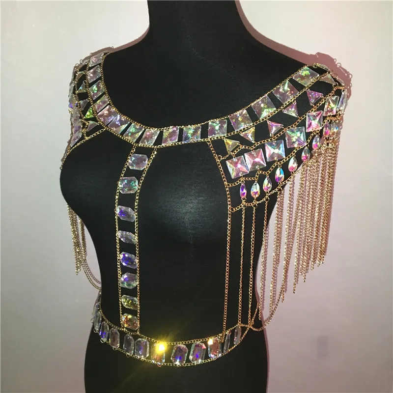 FestivalQueen Сексуальная металлическую цепь с кисточкой майка для женщин роскошный кристалл блестками Короткие вечерние клубная одежда укороченный топ