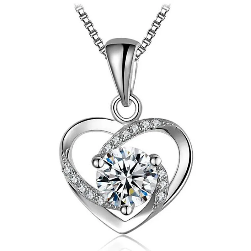 

Hot 925 Sterling Silver Necklace Jewelry For Women Ladies Charm Choker Chain Luxurious Crystal Heart Pendant Accessories Gift