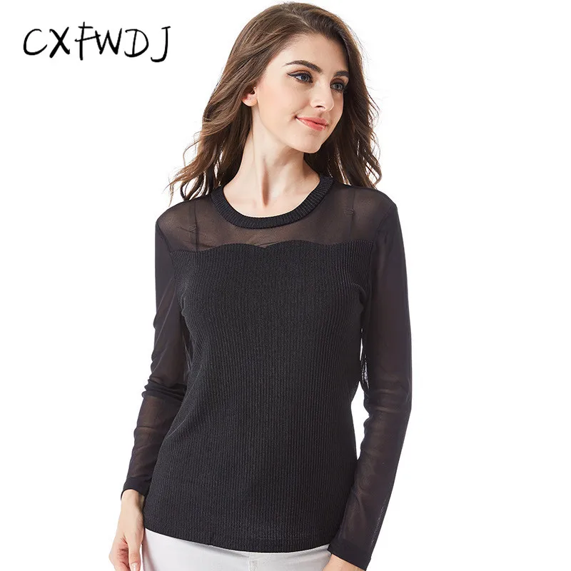 Women Autumn New T-shirt Round Collar Bottoming Shirt Female Long Sleeve Slim Fit Large Size Hollow Set head Tops T-shirt Female Tops