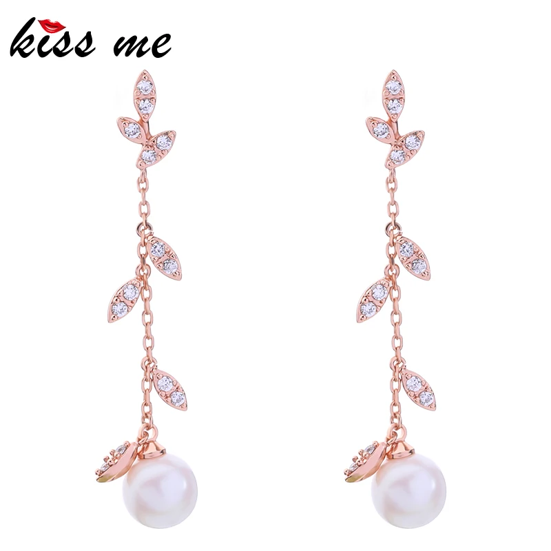 

KISS ME Women Cubic Zirconia Earrings High Quality Rose Gold Color Copper Imitation Pearl Drop Earrings Wedding Jewelry