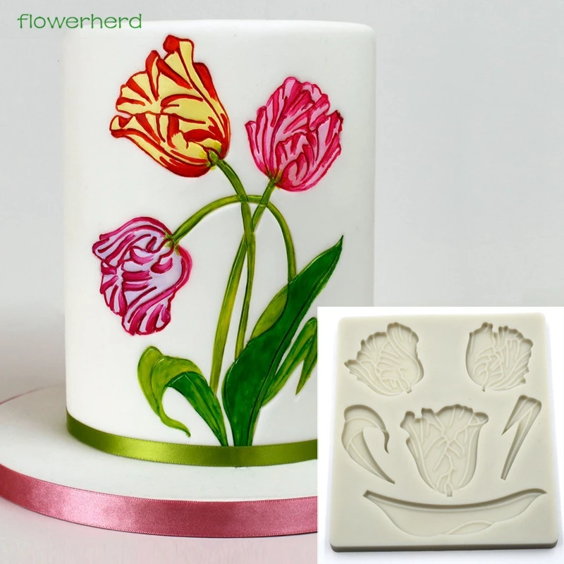 

Flat Tulips Silicone Mold Embossing Fondant Cake Mold Cake Decorating Tools Rose and Leaf Maker Sugar Paste Flower ModellingTool