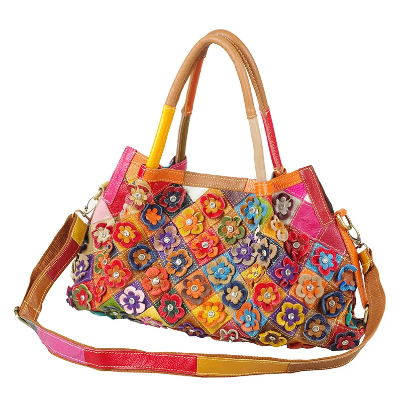 

New head layer cowhide leather casual color flower splicing single shoulder slanting lady's bag