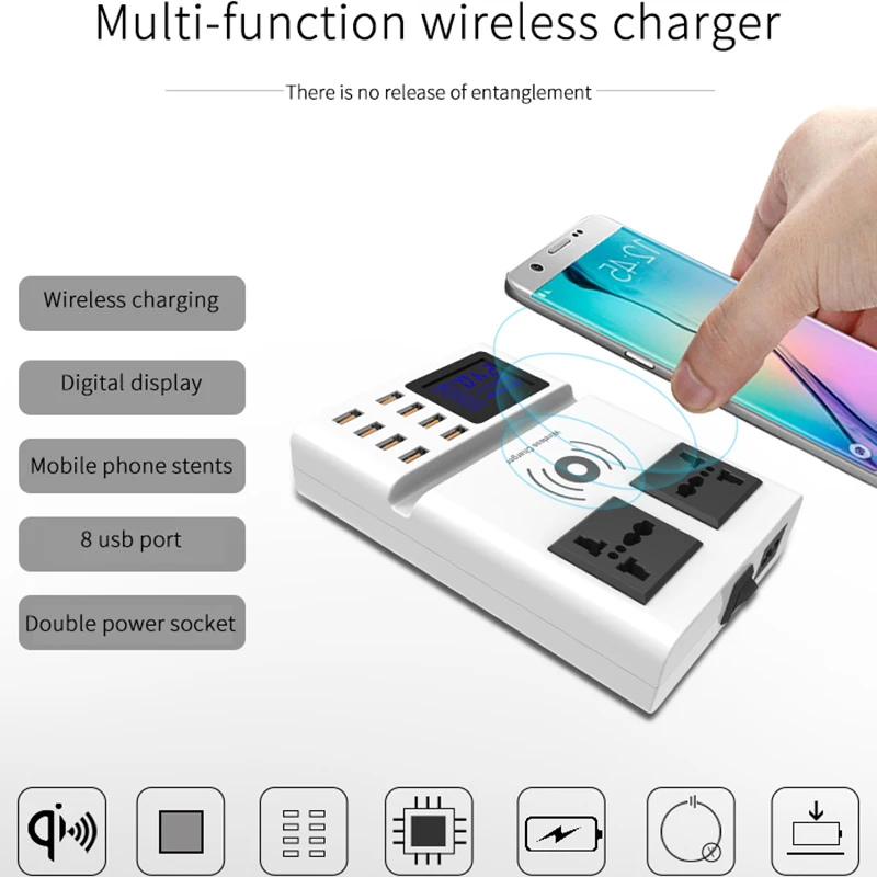 Qi Wireless Charger Charging Pad 8 Ports USB Smart Charger Led Display EU US UK Plug Power Socket Strip Adapter Stand Holder