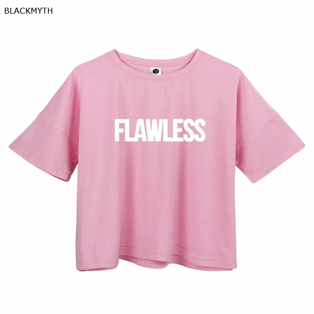 

FLAWLESS Letters Print Cotton Women Short T-shirt Tops Crop T shirt Relaxed Shirt