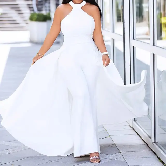 New Off Shoulder Sexy Jumpsuit White Women Elegant Halter Formal Party