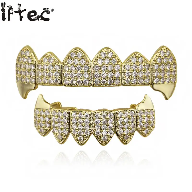 Iftec Сияющий хип хоп Grillz льдом Cz Клык зубастого рта шапки верхней и нижней гриль