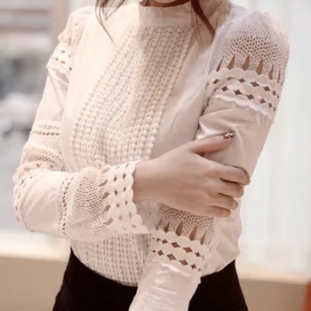 

Summer Women's Slim Embroidery Long Sleeve Shirts Crochet White Cotton Blouse