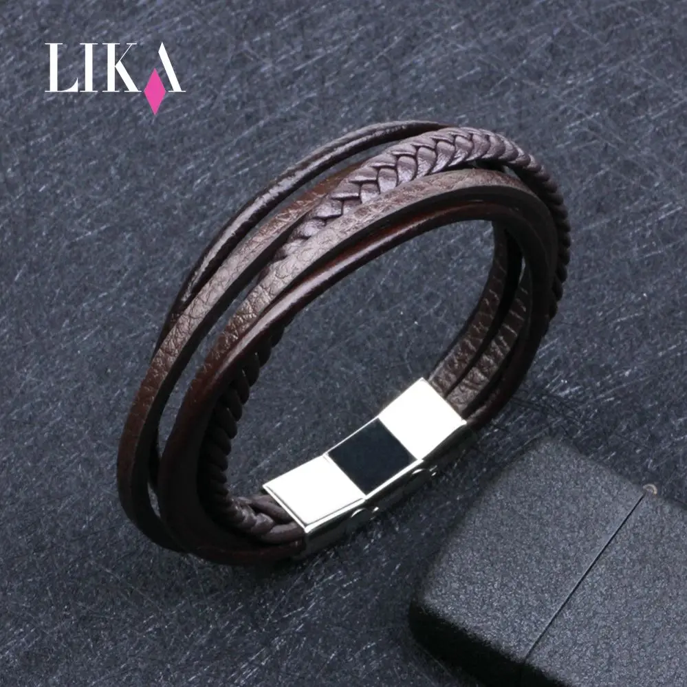 

LIKA Hot Stainless Steel Genuine Leather Bracelets & Bangles Men Women Jewelry Vintage Chain Link Charm Bracelets Male Pulseras