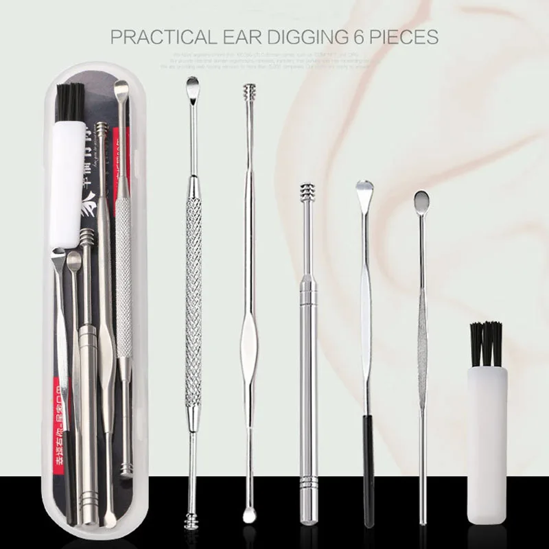 

6pcs Stainless Steel Ear Spoon Dig Ear Tool Healthy Cleaning Curette Removal with Storage Box Promotion Price