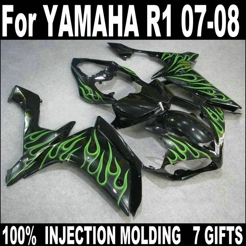Литье под давлением обтекатель для YAMAHA R1 2007 2008 Зеленое Пламя Черный корпус детали