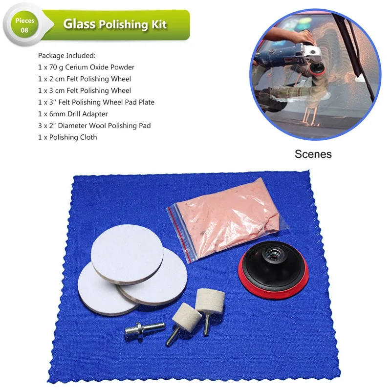 

8Pcs Glass Scrach Remover With 70g Cerium Oxide Powder Polishing Kit 3'' Wheel