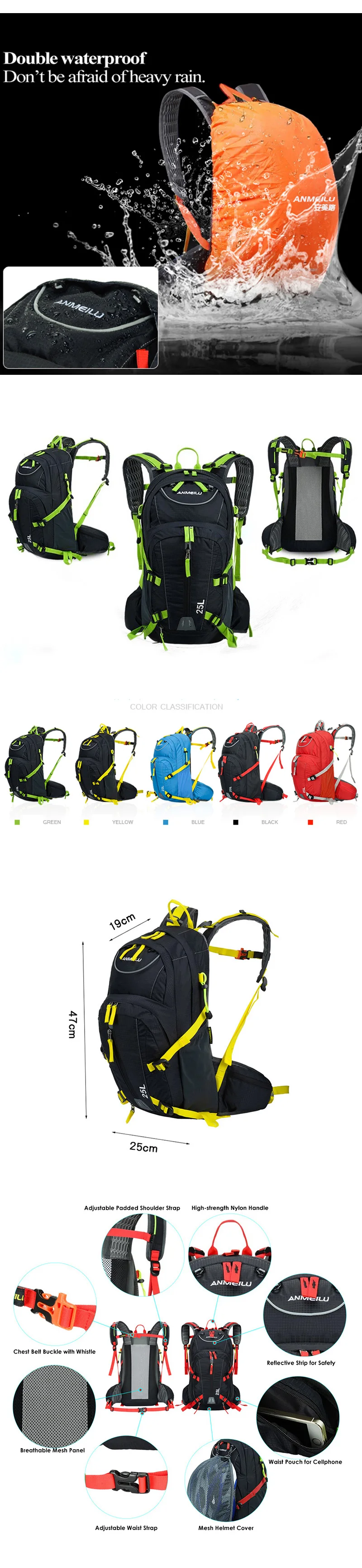 Bicicleta de Ciclismo Mochila de Acampamento Caminhadas à Prova Água ao ar Bolsa de Viagem Mochila com Capa de Chuva Anmeilu Backbag Livre Esporte Equitação 25l Mtb d' 1 High Quality Esporte e Lazer