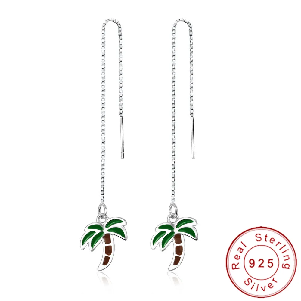 

Hawaii 925 Sterling Silver Palm Tree Earrings Ear Thread Threader Green Coconut Aretes Sweet Summer Beach Jewelry SE065