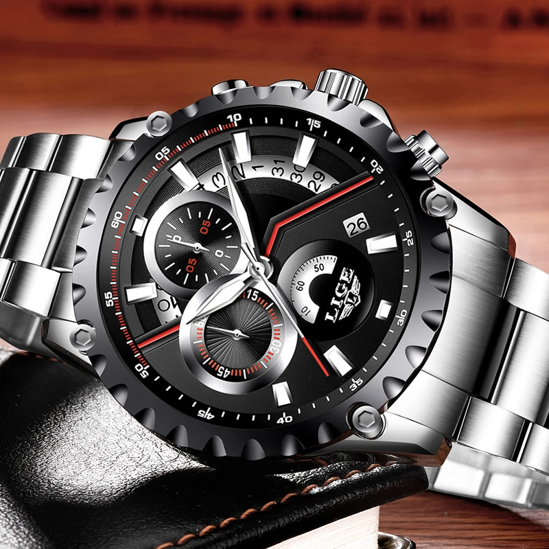 LIGE Brand Men's Fashion Hollow Design Watch Men's Sports Waterproof Quartz Watch Men all Steel Mil