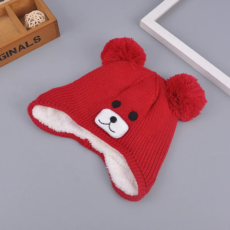 Soft Warm Bear Beanie Hat For Baby Boys Girls Cute Cartoon Kids Hat With Pompom Knitted Double Layer Velvet Winter Baby Hat New  (9)