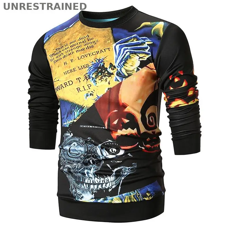 2018 New Halloween Mens Fashion Long Sleeve Eerie Skull Ghosts Print Sweatshirts Rib Cuff O Neck Letter Urban Clothing | Мужская одежда
