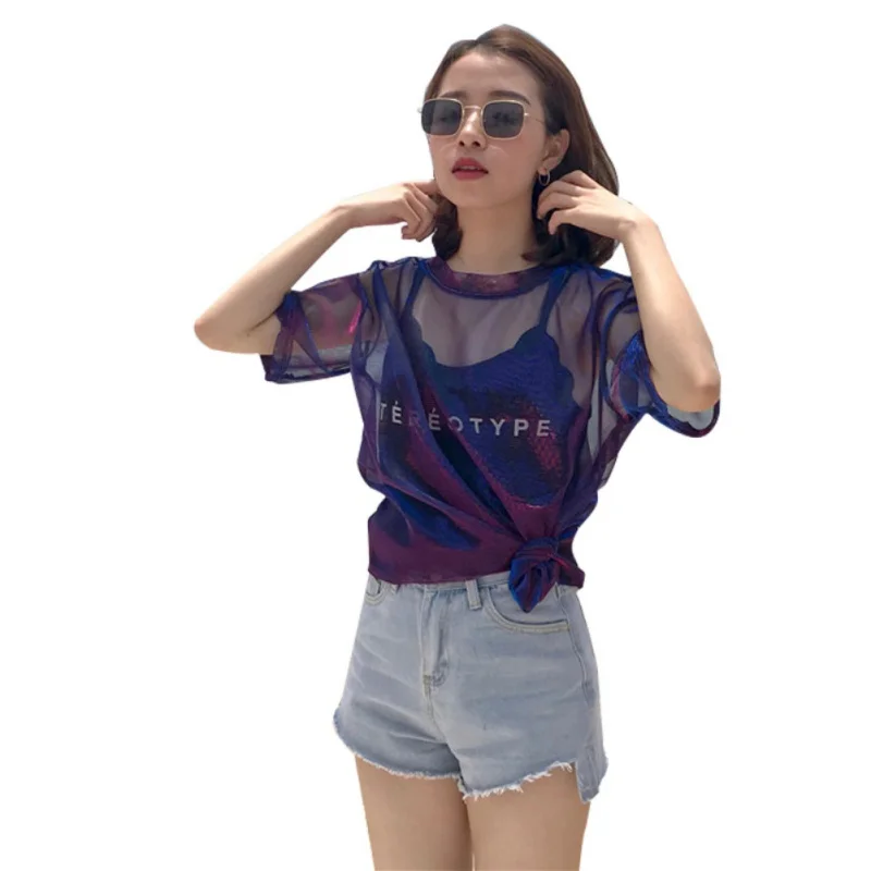 

2018 Hip-Pop Summer two piece Tops See through Light Silk Short Sleeve T Woman mesh sexy transparent summer clothes for girl