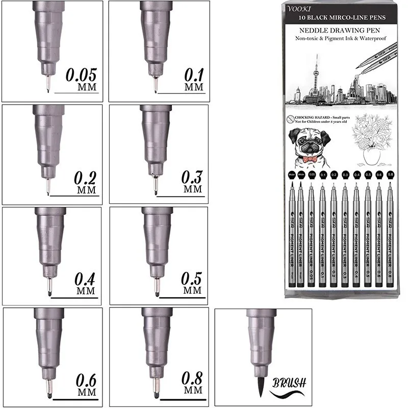 Набор ручек Fineliner 10 черных пигментных лайнеров микродержатели ручки для дневника