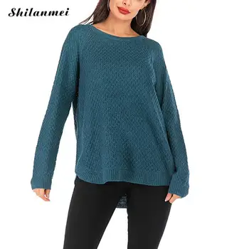 

2019 Irregular Autumn Winter Women Loose Knitted Sweater Blue Solid Long Sleeves O-Neck Pull Casual Sweater Women Warm Tops