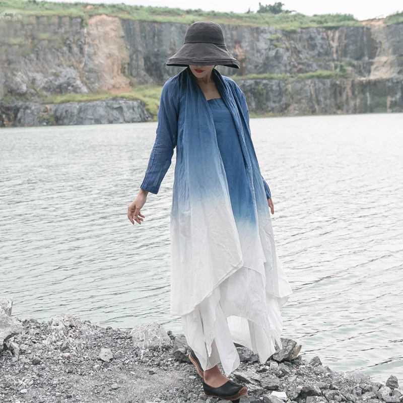 

Johnature Full Sleeve Irregualr Trench New 2019 Autumn V-Neck Hit Colors Cotton Linen 3 Colors Vintage Women Open Stitch Trench